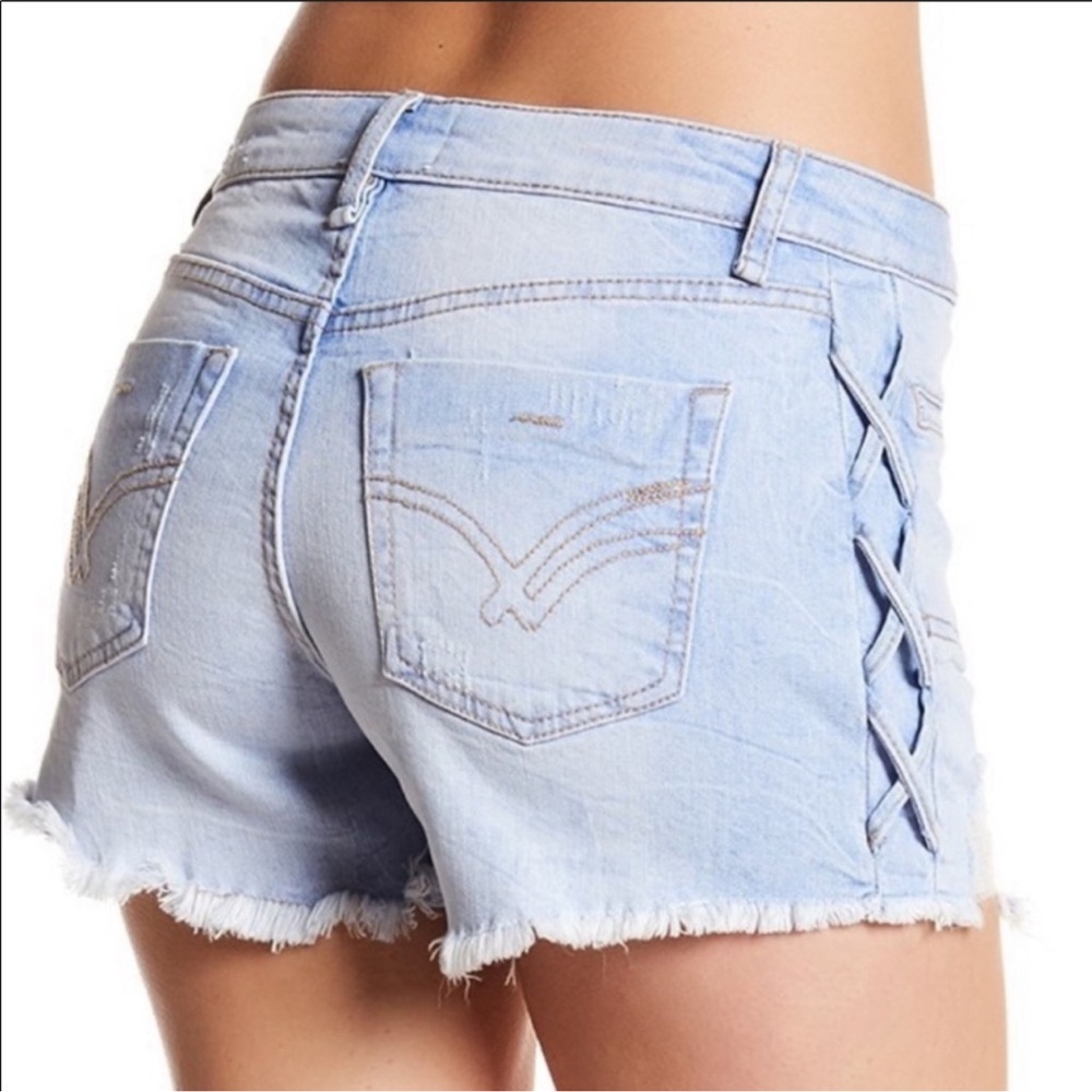 William Rast Light Wash Distressed Denim Jean Shorts  Lace-Up Detail Size 29